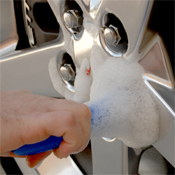The Corvette Wheel Lug Nut Brush can be used with soapy water or a water-based wheel cleaner.