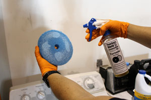 Spray cleaner directly onto foam pads