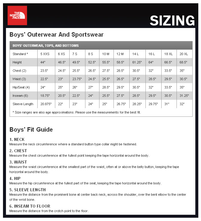 north face coat children's size guide