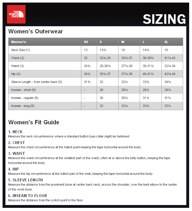 north face ladies jacket size chart