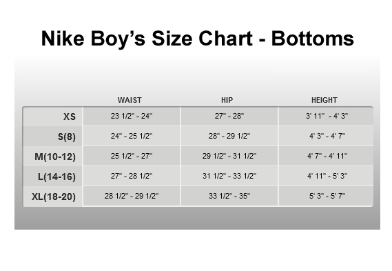 nike size chart youth clothes