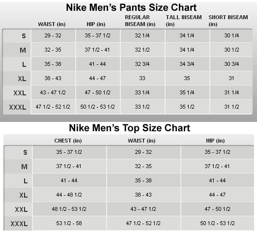 mens size chart nike