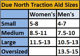 Due North All Purpose Traction Aid Size Chart - Get-A-Grip Size Chart