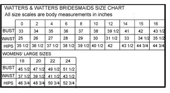 Watters Bridal Size Chart