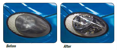 The before and after pictures show how the 3M Lens Renewal Kit restores headlight lenses.