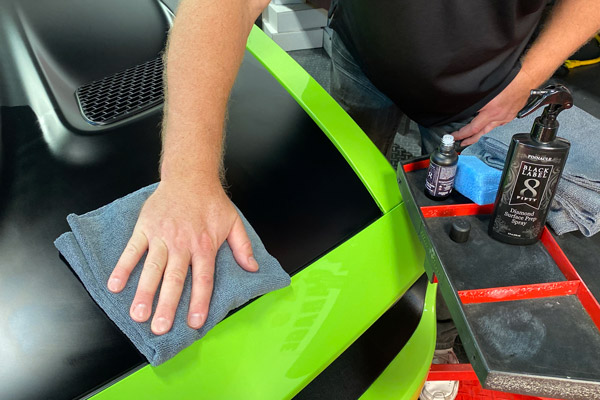 Allow to sit for approximately 30-60 seconds before wiping product away using a clean microfiber towel. Continue this process around the entire car then give Pinnacle Black Label Ceramic Matte Coating 24 hours to cure!