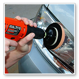 Work at a speed of 1800 RPM on your electric drill. Move the pad up and down and side to side for complete coverage. When the polish starts to dry, turn off the drill and slowly lift it off the headlight lens cover. 
