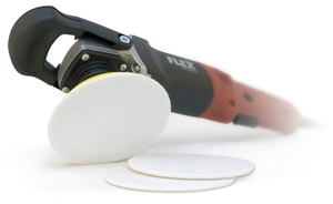 FLEX L3403 VRG Polisher shown with Lake Country Glass Cutting Pads/ abraded leveling discs.