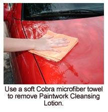 Buff away Paintwork Cleansing Lotion with a soft Cobra Microfiber Towel. Flip the towel often as you buff.