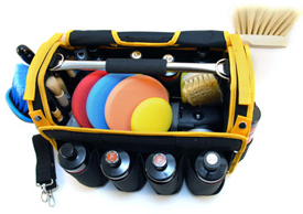 The Detailer's Pro Series Detail Bag has multiple compartments for microfiber towels, brushes, polishes, and waxes.