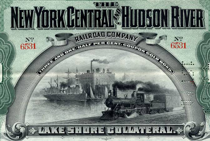 NEW YORK CENTRAL AND HUDSON RIVER RAILROAD GOLD Bond Stock Cert Green 1898
