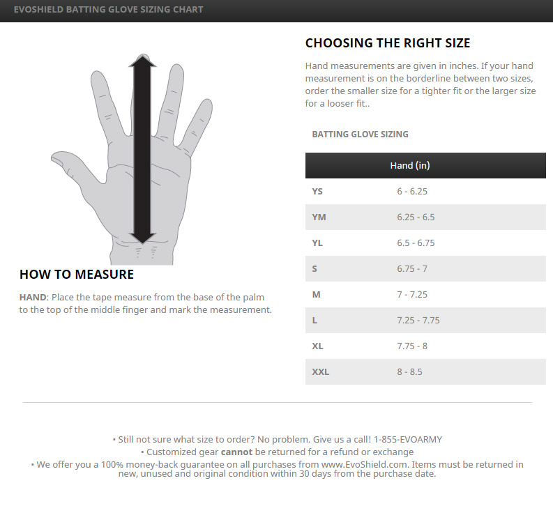Evoshield Batting Glove Size Chart