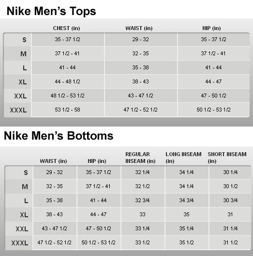 nike bottoms size chart