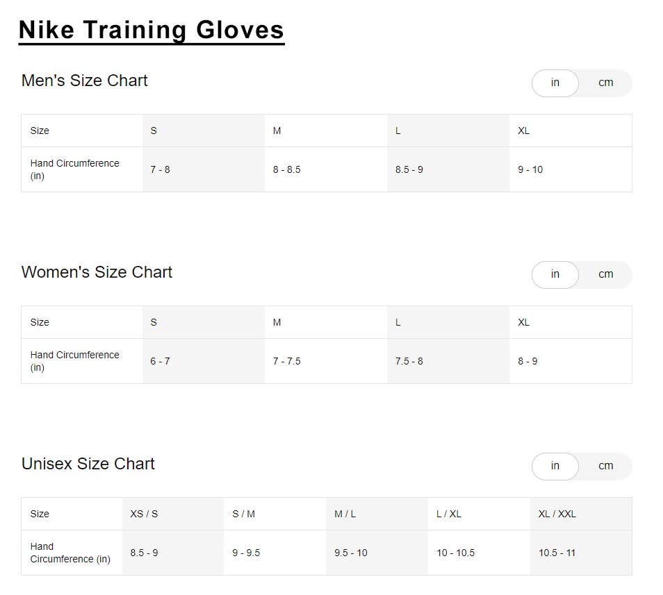 nike training gloves size chart