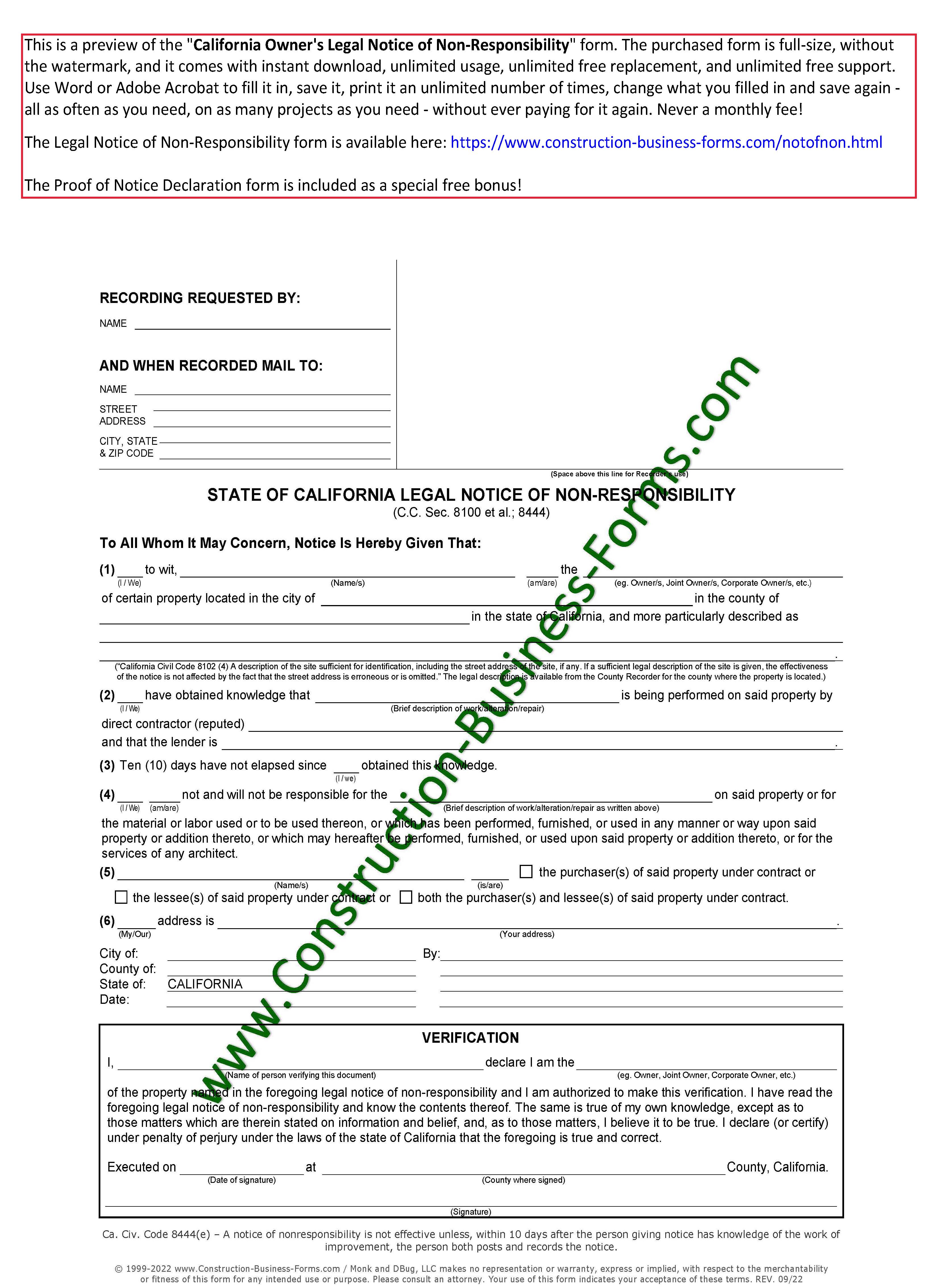 California Owner's Notice of Non-Responsibility Form