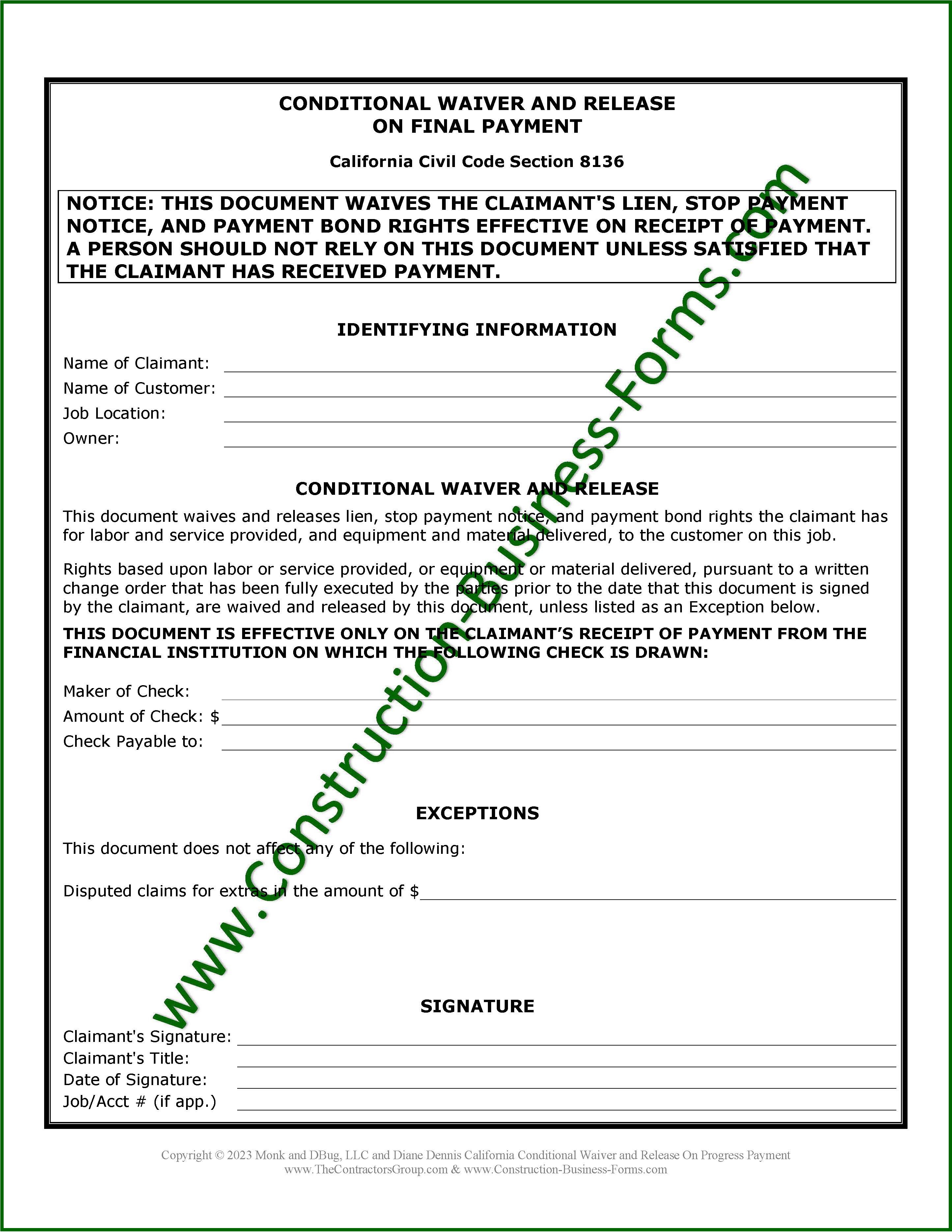 Image of Conditional Lien Waiver Release On Final Payment form for California