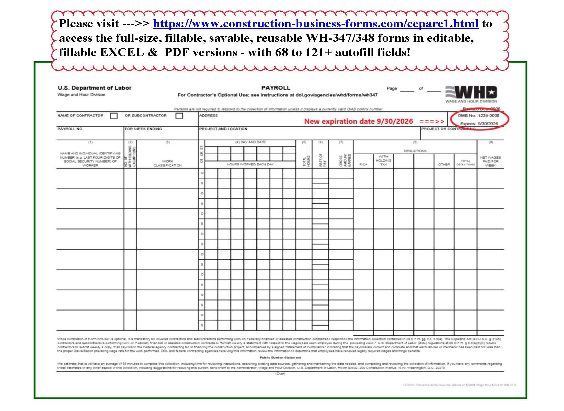 WH-347 US DOL Certified Payroll Report Form