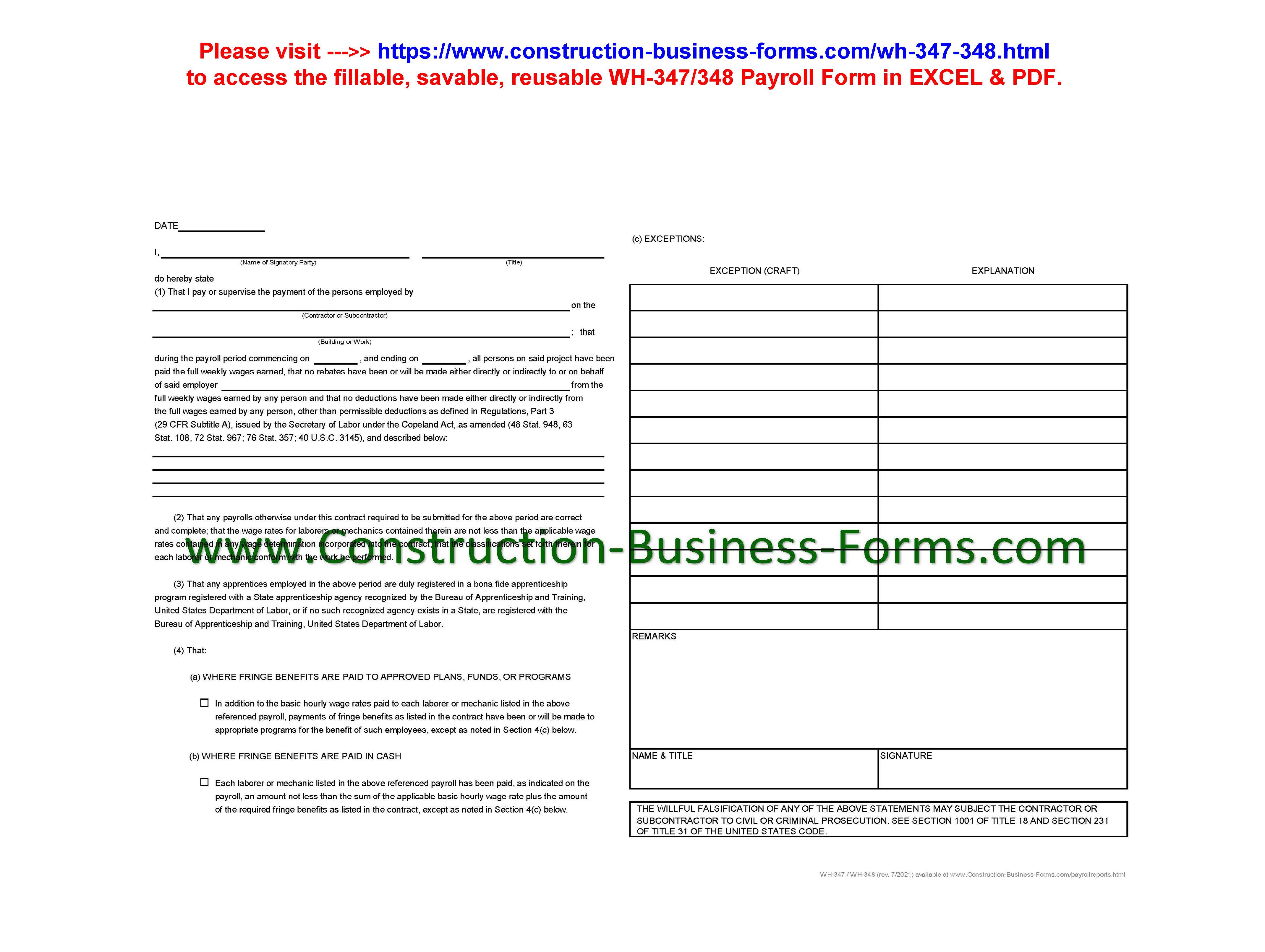 WH-348 US DOL Certified Payroll Report Certification Form