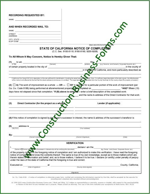California Notice of Completion Form Page 1