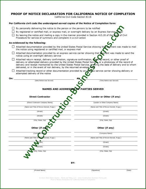 California Notice of Completion Form Proof of Service Declaration
