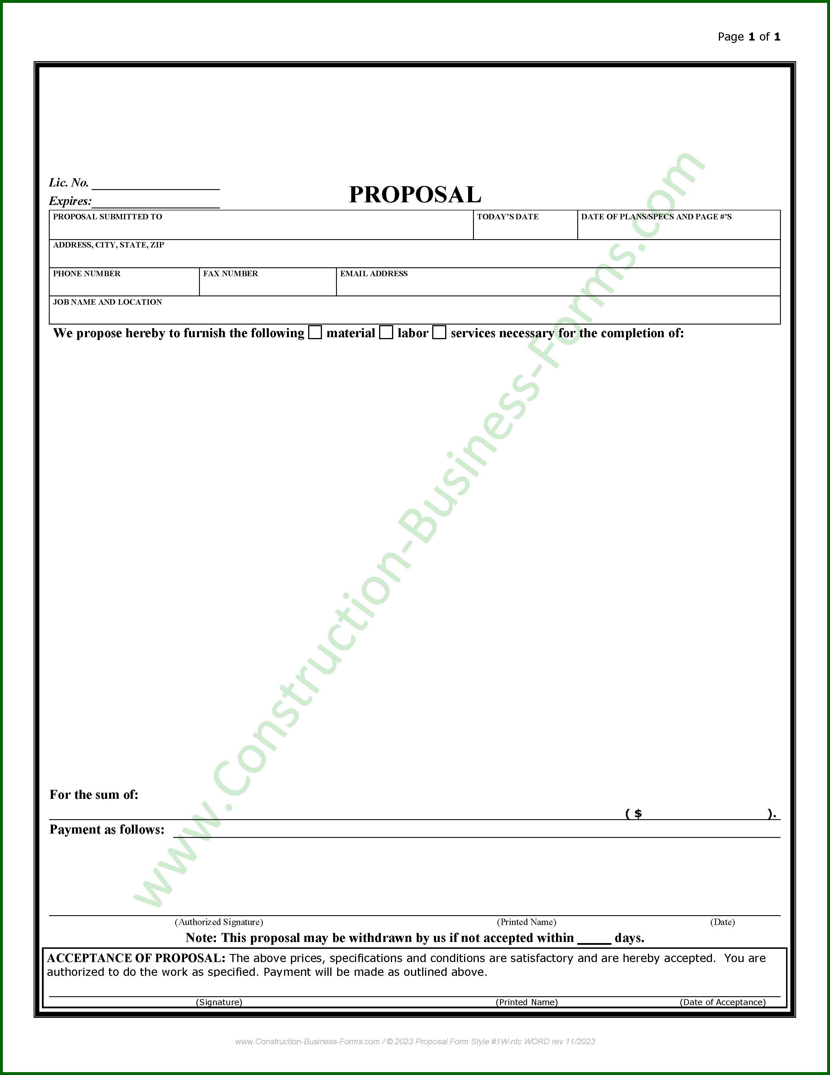 Construction Proposal Form Bid Form