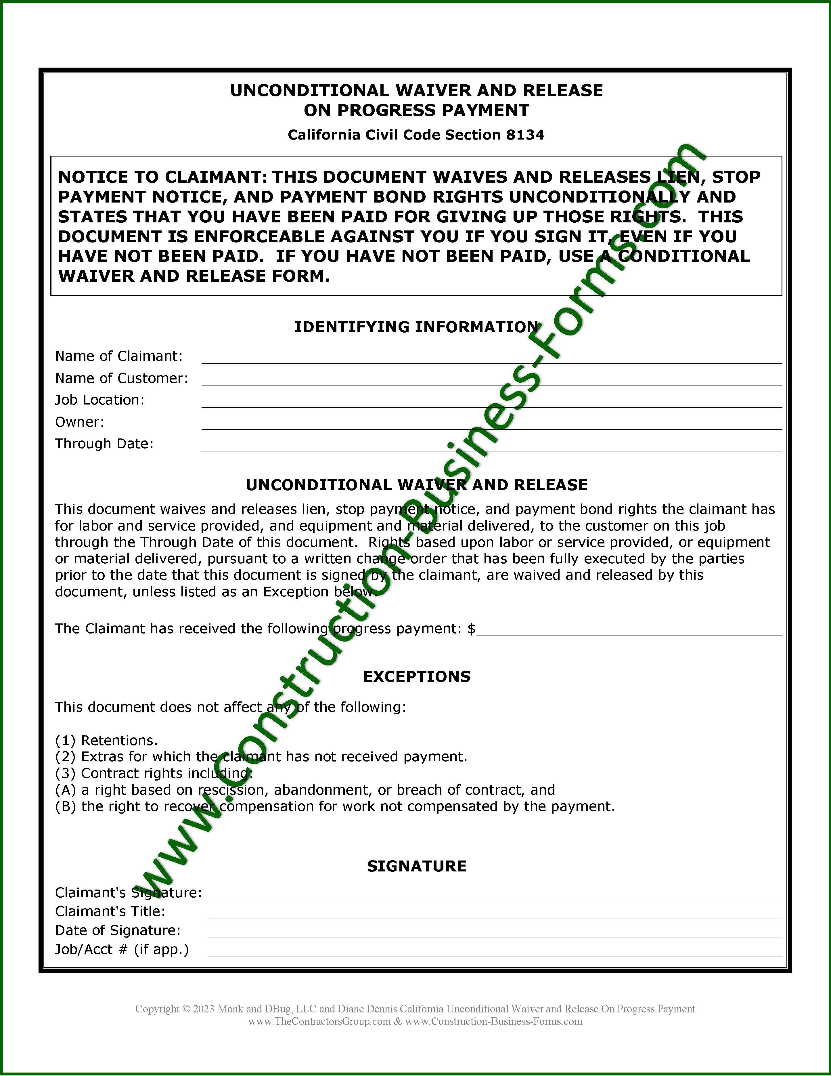 Image of Unconditional Lien Waiver Release On Progress Payment form for California