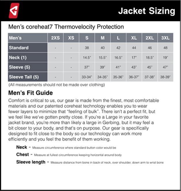 Gerbing Mens Jackets Size Chart