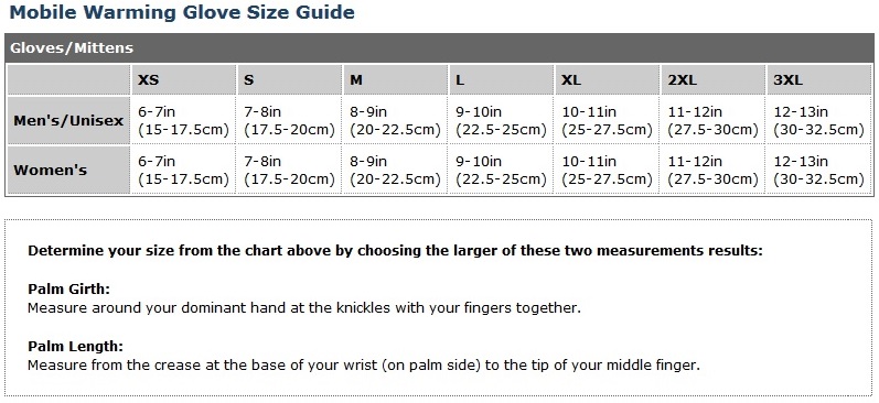 Mobile Warming Glove Size Chart