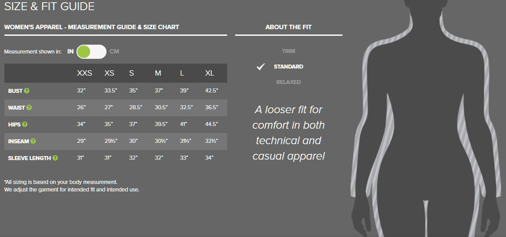 OR womens top size chart