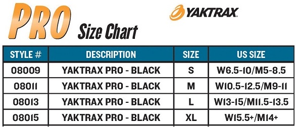yaktrax pro sizing chart