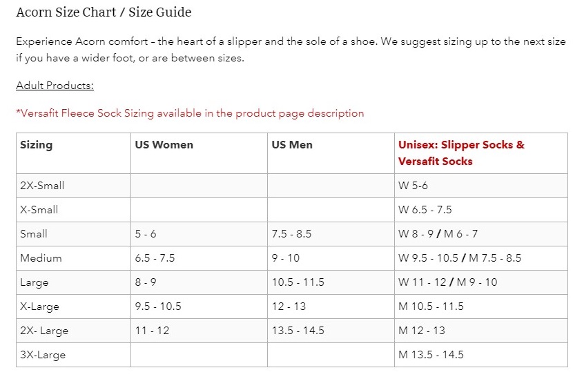 Acorn Size Chart Slippers