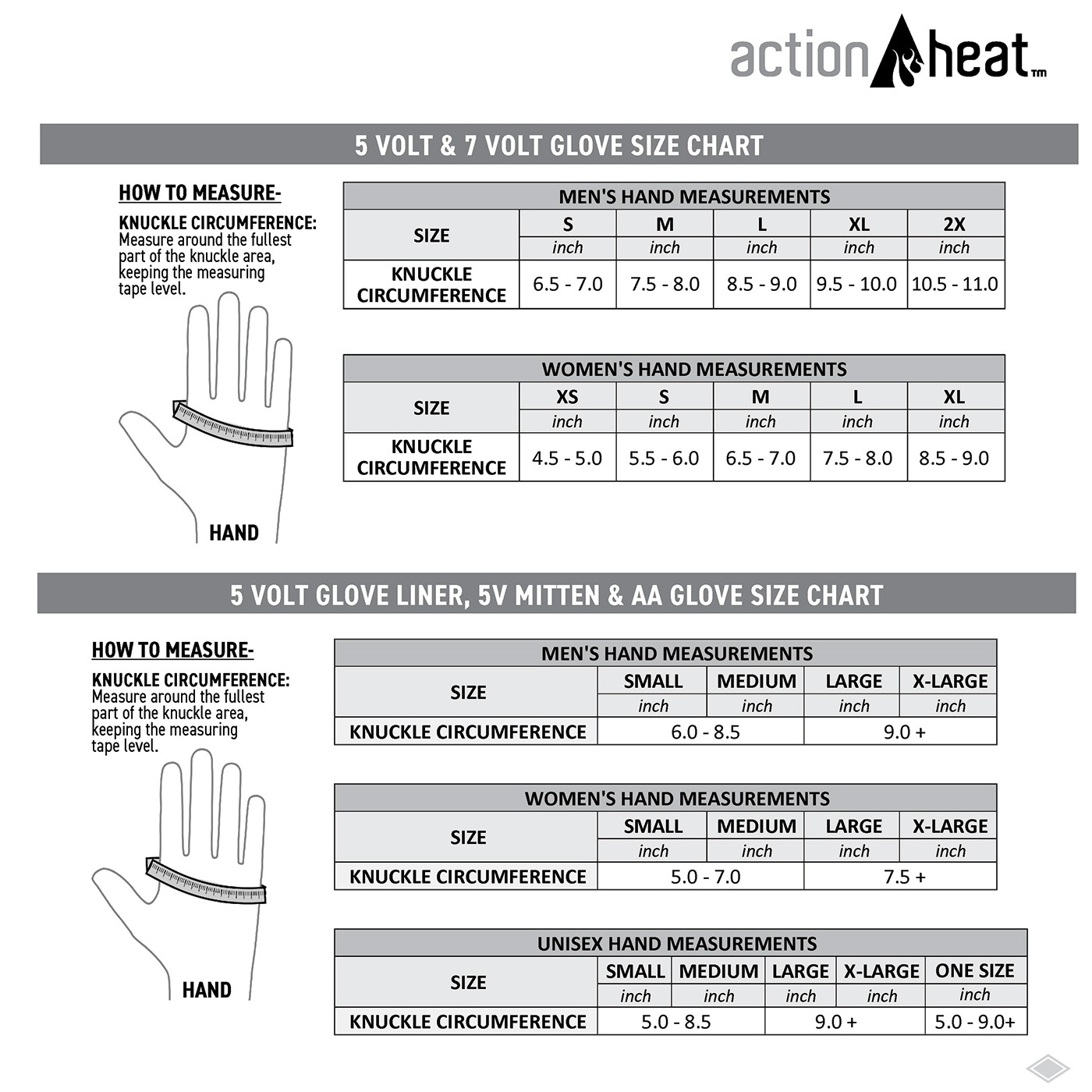ActionHeat Gloves Size Chart