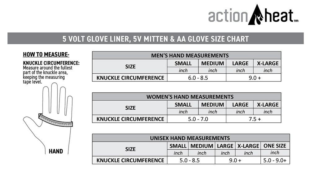 ActionHeat AA Gloves Size Chart