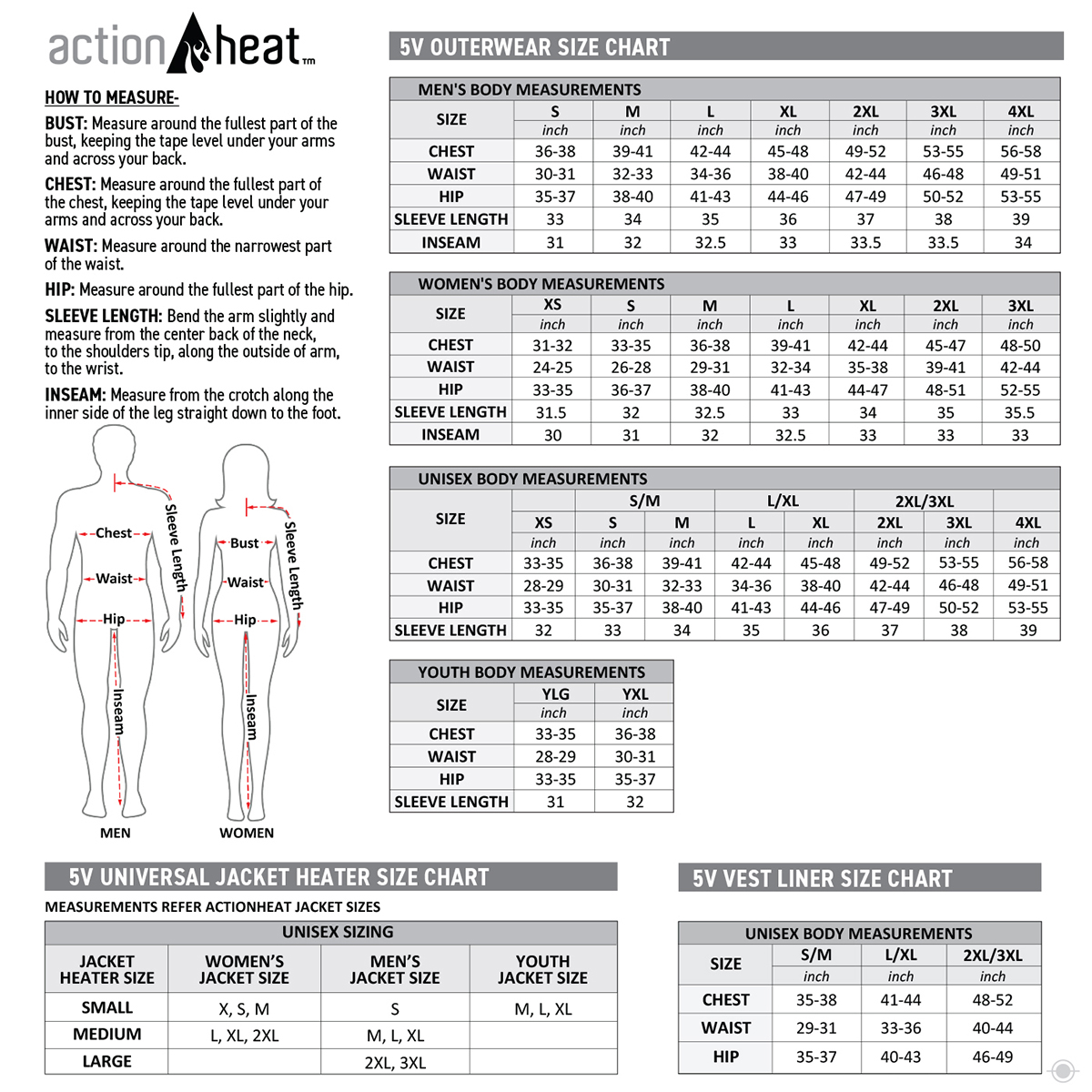 actionheat 5v outerwear size chart