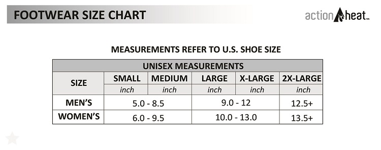 ActionHeat Fooatwear Size Chart