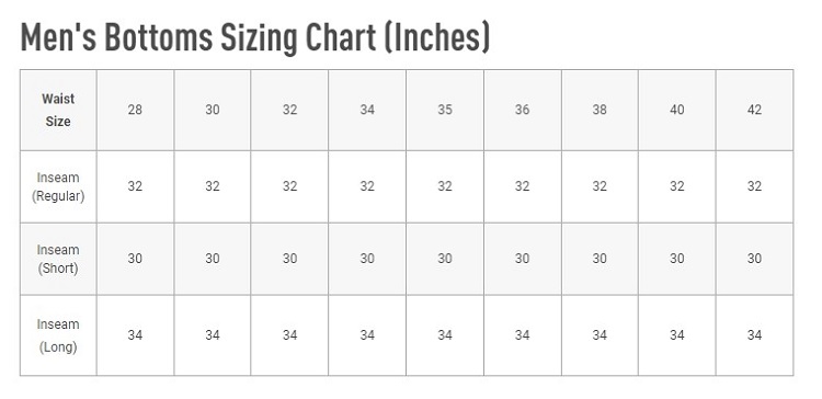 Mens Bottoms Size Chart