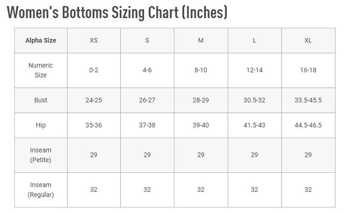 Womens Bottoms Size Chart