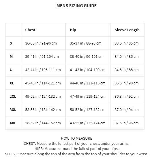 gobi heat men jacket size chart