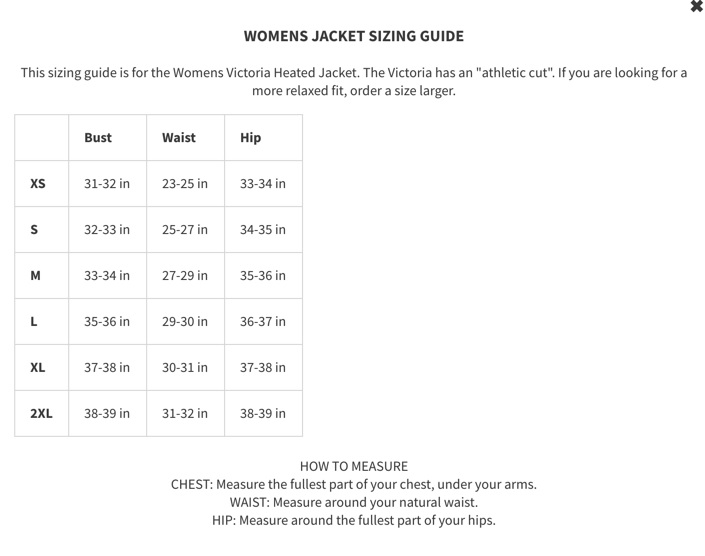 Gobi Heat Victoria Women's Jacket Size Chart