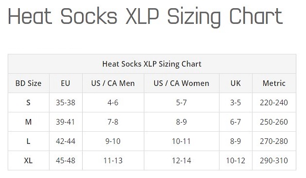 hotronic heat socks xlp sizing chart.