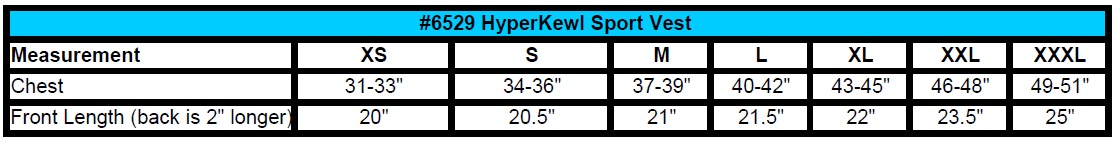 Techniche HyperKewl Size Chart