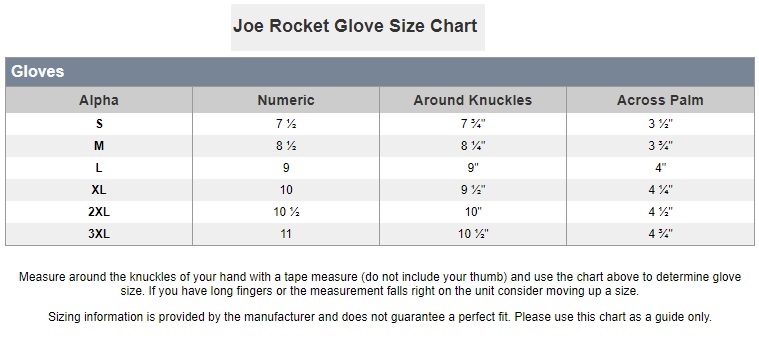 Joe Rocket Glove Size Chart