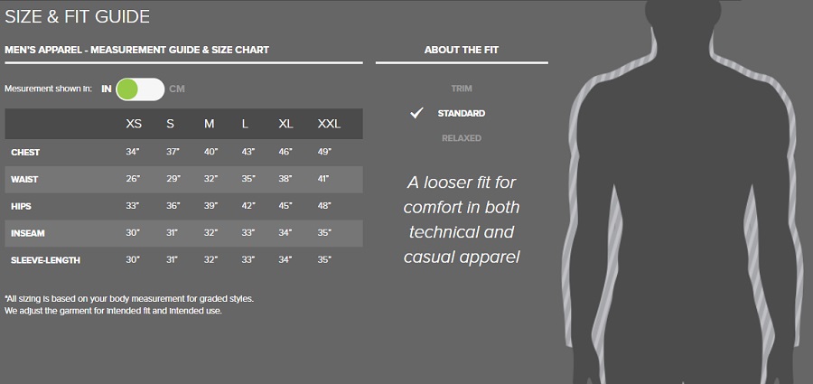OR mens top size chart