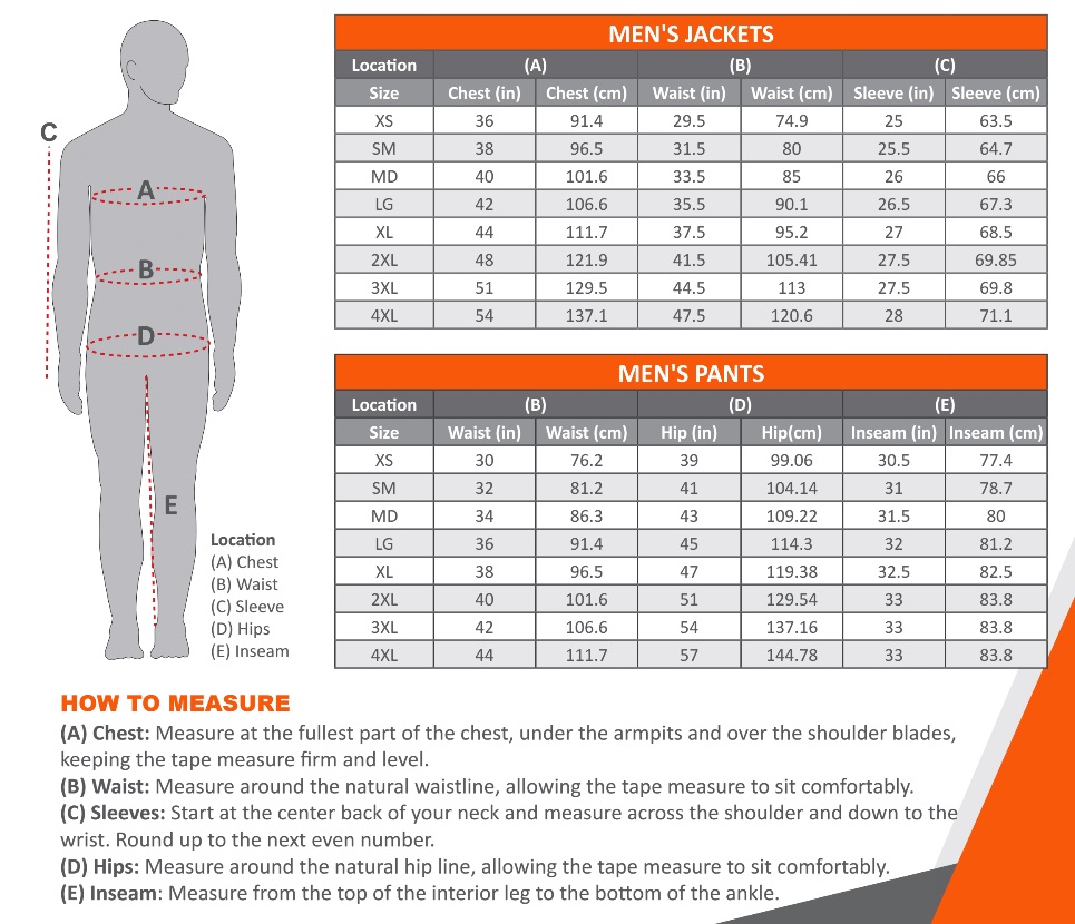 Mobile Warming Heated Clothing Size Chart Men