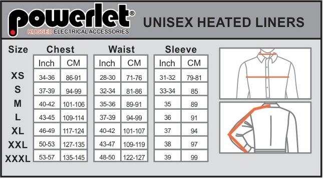 Powerlet Jacket Liner Size Chart