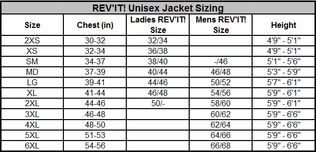 REV'IT Jacket Size Chart