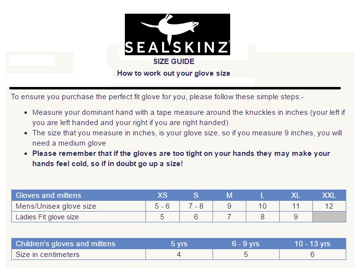 SealSkinz Glove Size Chart
