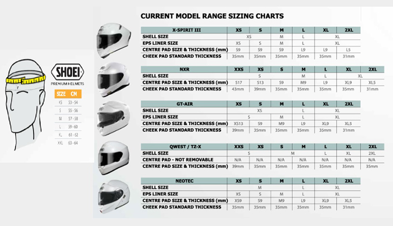 Shoei Size Chart