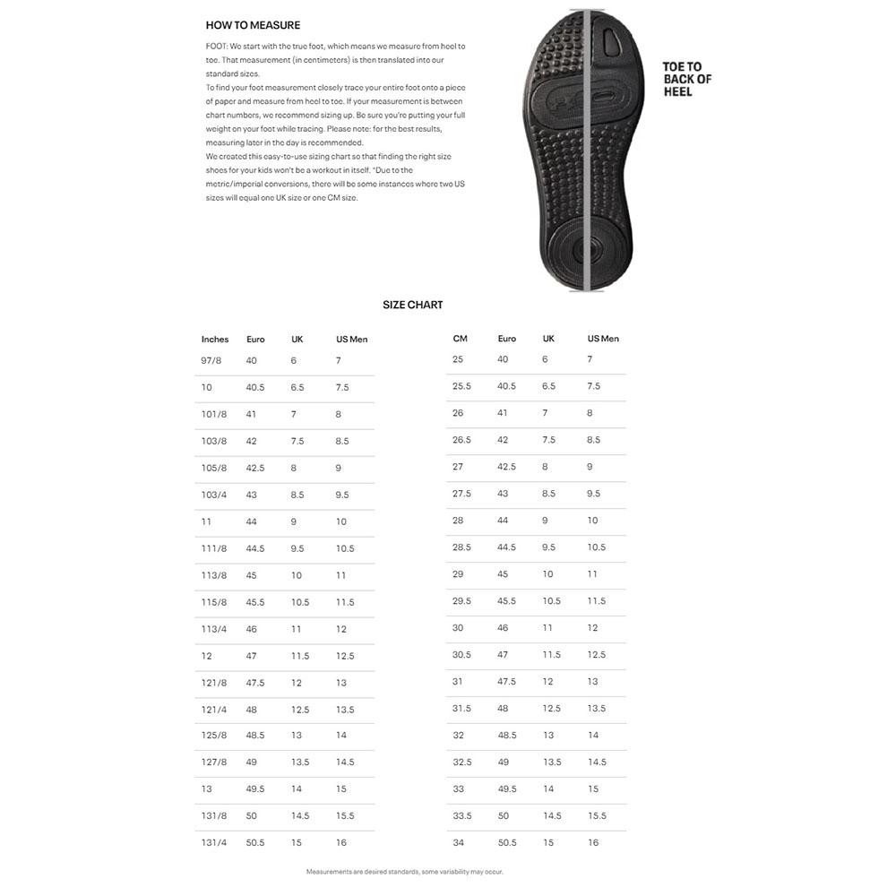 Under Armour size chart