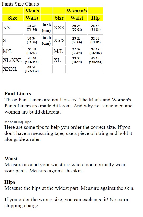Warm & Safe Heated Pants Size Chart